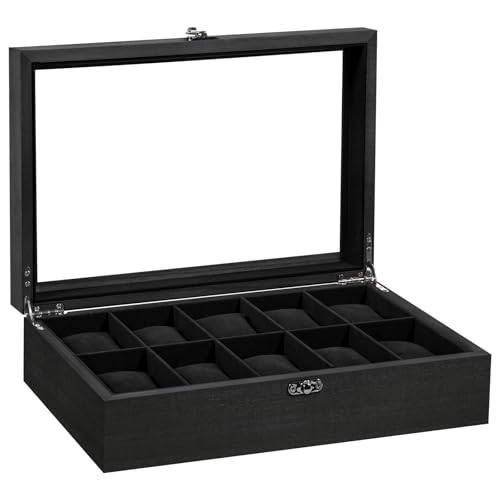 Uten Watch Box 10 Slots, Solid Wood Watch Case with Glass Lid, Metal Clasp, Watch Display Storage Box for Men and Women, Removable Silk Cotton Pillow, Black Lining, Gift Idea for Watches, Jewelry