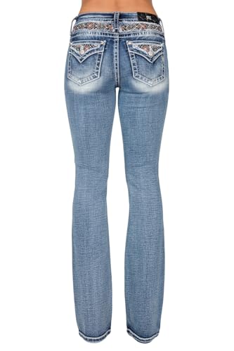 Miss Me Women's Mid-Rise Bootcut Jeans, Floral Embroidered Tapestry with Faux Flap Pockets, Bootcut Stretch Denim Jeans3