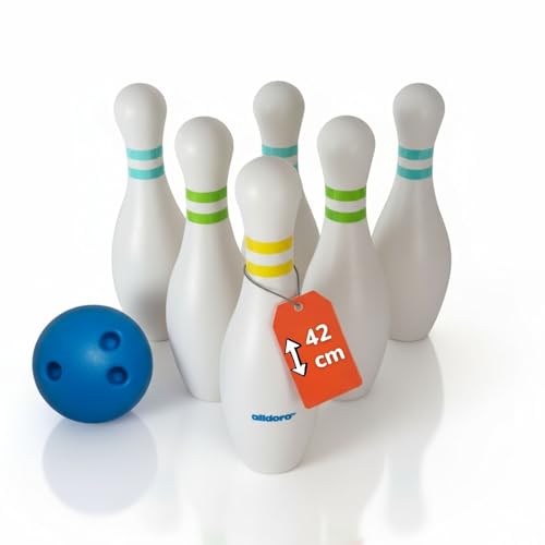 alldoro 60131 XXL Bowling Spiel mit 6 Pins & Kugel, 42 cm Kegel, standfest befüllbar, robust & wetterfest, inkl. Tragetasche, ab 3 Jahren