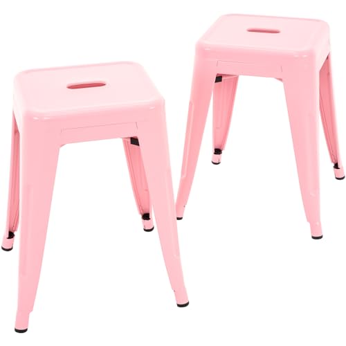 Image of Brage Living 18 Inch Industrial Metal Stools Set of 2, Stackable Classroom Stools, Backless Metal Dining Chairs for Indoor Outdoor, Kitchen Short Stools (Pink)