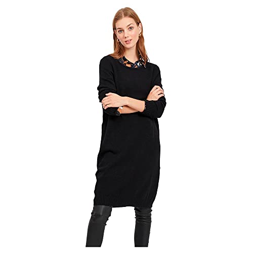 Vila Clothes Damen Kleid VIRIL L/S Knit Dress - NOOS 14042768, Knielang, Einfarbig, Gr. 38 (Herstellergröße: M), Schwarz (Black)