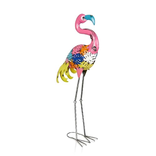 Alpine Corporation LYT276 Outdoor Metal Colorful Art Decor Palm Leaf Body Flamingo for Garden, Patio, Lawn, or Porch, 31" Tall, Multicolor