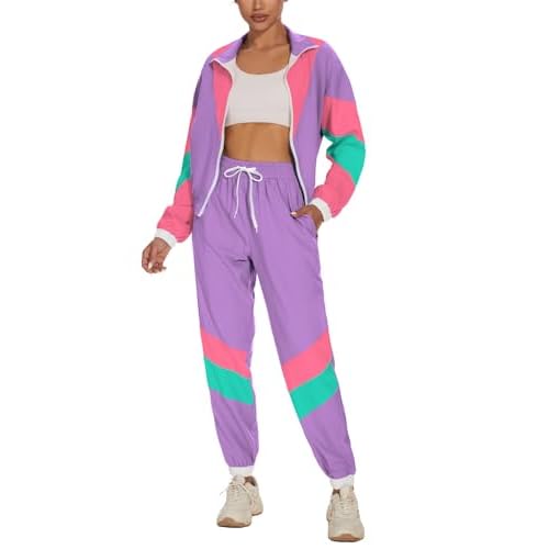 UOUA Women's Color Block 2 Piece 80s 90s Outfits Long Sleeve Windbreaker Jacket Tracksuit Set Lavender Medium