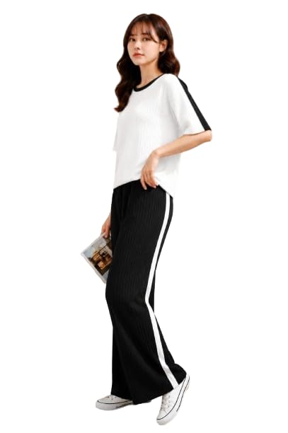 Korean Track Pant & White T-Shirt Co-Ord Set for Women | Casual Half Sleeve T-Shirt with Relaxed Fit Track Pants | Soft Comfortable Lounge & Travel Outfit-picture-19