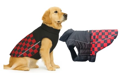 Image of The Pets Company Dog Winter Coat Jacket, Clothes, Windproof, Waterproof, Light Weight, Washable, Ultra Warm Thick Fleece Lined Dog Vest for Cold Weather Protection, (Red Check, Large - 26 Inch)