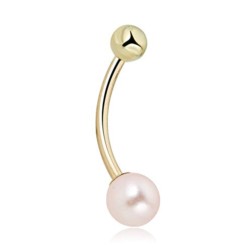 Image of AVORA 10K Yellow /White Gold Freshwater Pearl Belly Button Ring Body Jewelry (14 Gauge)