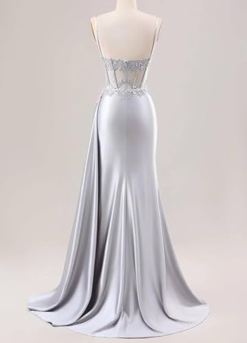 Loyeloy Spaghetti Strap Satin Prom Dresses with Slit 2025 Lace Appliques Long Mermaid Evening Gowns3