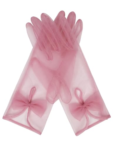 QRBTSCL Women's Short Tea Party Gloves Tulle Gloves with Bowknot Mesh Glove Wedding Bridesmaids Evening Party Glove Dusty Rose