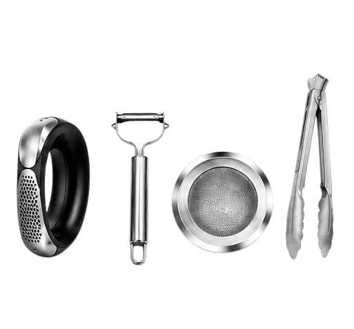 4-in-1 Kitchen Essentials Set – Garlic Press Rocker, Vegetable Peeler, Sink Drain Strainer & Food Tongs, Stainless Steel Kitchen Gadget Combo-image-49