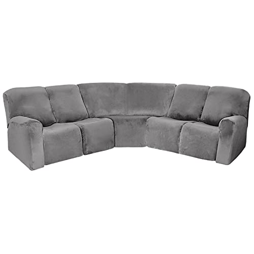 Ele Eleoption Sectional Recliner Cover Velvet Stretch Recliner Sofa Covers 5 Seat Corner Reclining 7-Piece L Shaped Couch Cover Slipcovers Furniture Protector Soft Washable Grey #TOP6