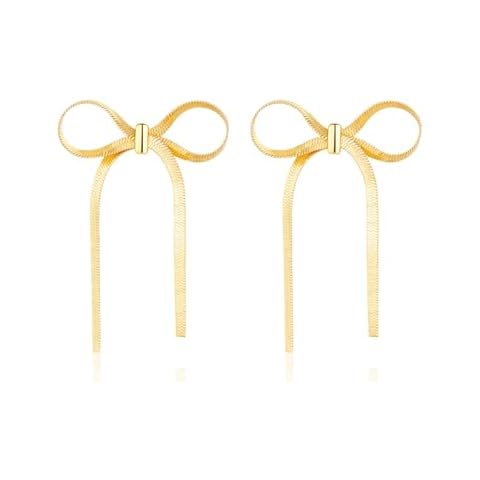 ASCONA 925 Sterling Silver Post Gold Silver Bow Earrings Women Ribbon Stud Earrings Gift (Short Tassel Gold) Cover