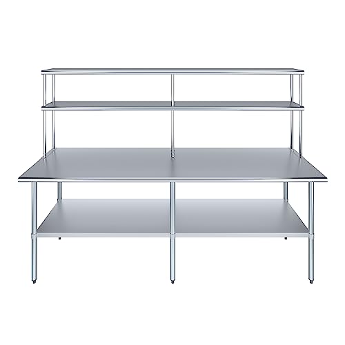 Image of AmGood Stainless Steel Work Table with 12 inch Wide Double Tier Overshelf | Metal Kitchen Prep Table & Shelving Combo | NSF (Stainless Steel Table with Double Overshelves, 96 inch Long x 30 inch Deep)