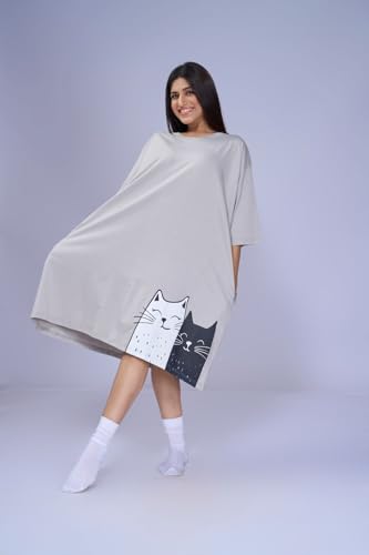 Image of LAMA STORE Women's Printed Oversized T-Shirt Dress, Cotton, 3 /4 Sleeve Length, Casual Loose Fit, Comfort Wear Extra Comfy Oversized Printed Pocket T-Shirt Dress