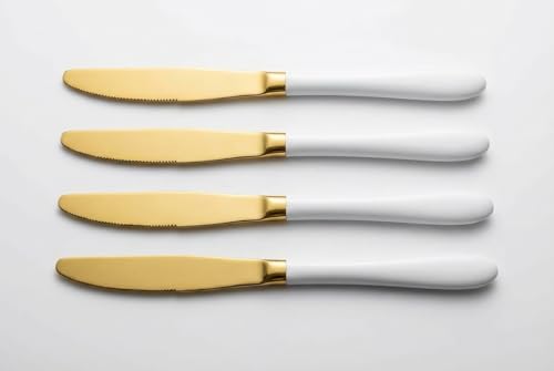 Set 4 Coltelli da Tavola Coltello da Colazione Bistecca Seghettati in Acciaio Coltelli da Cucina Lama 11 cm, Adatto per Carne Pomodoro Affettare Pane Posate Lavabile in Lavastoviglie Bianco Lama Oro