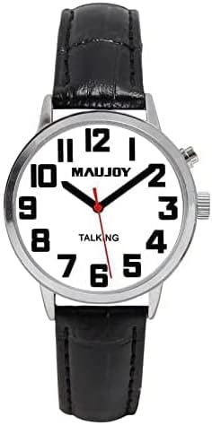 MAUJOY Ladies' Analog Talking Watch(Black Leather + Zinc Alloy) English Accent Time Announcement, Broadcasts Alarm