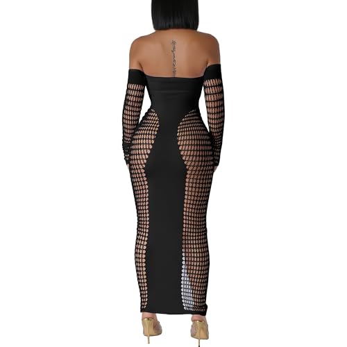 Women's Dress Sexy Club Dress Elegant Long Sleeve Off Shoulder Hollow Out Mesh Bodycon Party Dresses3