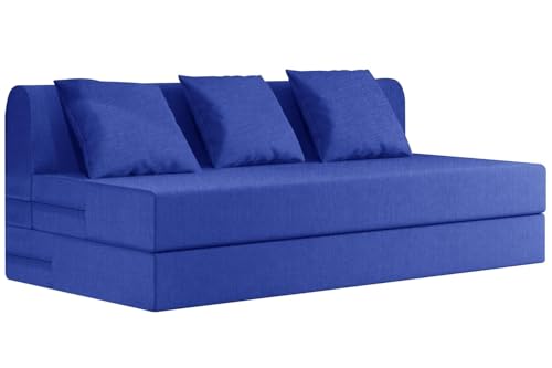 Image of Rosebell Foldable Three Person Jute Sofa Cum Bed in Blue | Compact & Lightweight | Removable Washable Cover + Three Cushion | 5 X 6 Ft Size | Great for Guests at Home or Office