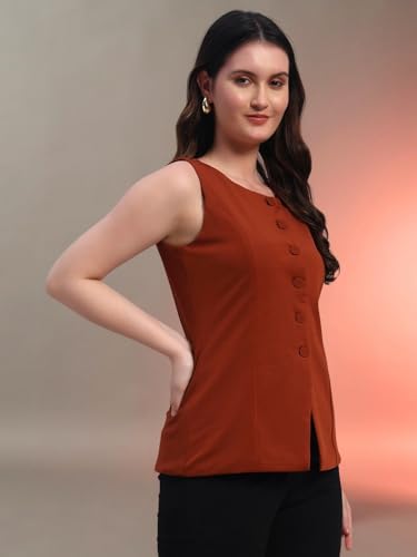 Image of Trend Arrest.ed Stretchable Waistcoat Top for Women | Button Front | Sleeveless Slim Fit Vest for Casual & Workwear