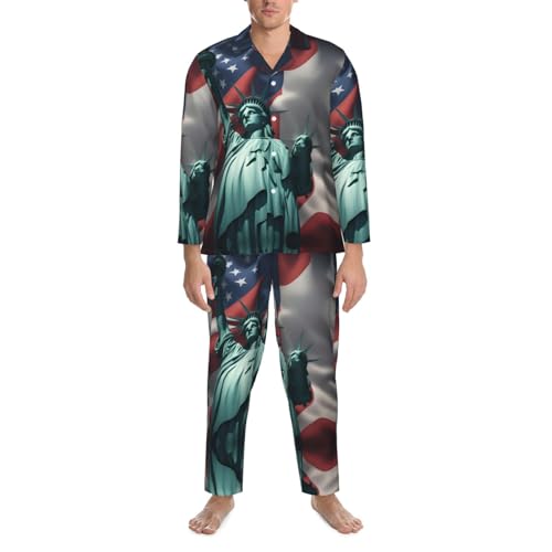 Statue Of Liberty Flag Mens Pajamas Set, Sleepwear Button Down Pjs Set For Bedtime Routine, Morning Lounge4