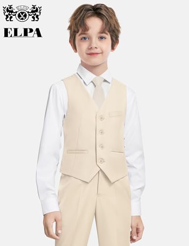 Image of Boys Suit Vest Set 4 Pieces Slim Fit Kids Beige Formal Vest and Pants Set for Wedding Ring Bearer, Easter, First Communion, Confirmation, Graduation Toddler Boys Size 3