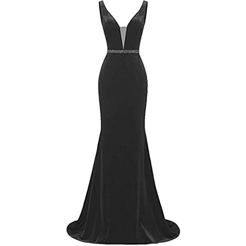 TTYbridal V-Neck Velvet Evening Dresses Mermaid Sexy Prom Dresses Beads P1 Black 14 Cover
