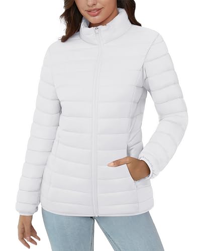 MAGCOMSEN Puffer Jacket for Women Lightweight Quilted Padded Jacket Pockets Stand-collar Full Zip Long Sleeve Coat, White L