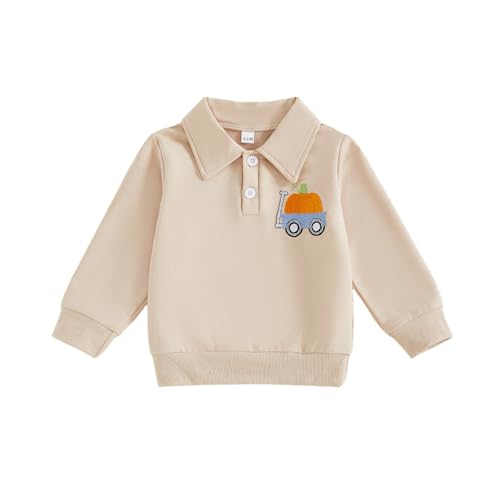 Toddler Boy Pumpkin Sweatshirt Fall Long Sleeve Lapel Collared Button Pullover Tops Kid Infant Baby Halloween Clothes