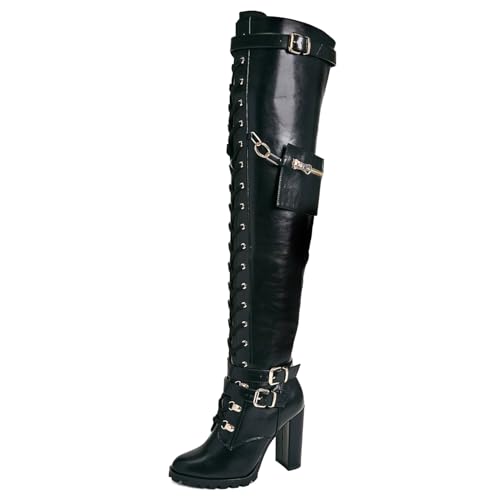 Yishaweiqi Buckle Strap Wide Calf Thigh High Boots for Women Chunky Block High Heel Over The Knee Boots Lace up Riding Combat Boots Ladies Side Zipper Tall Long Boots