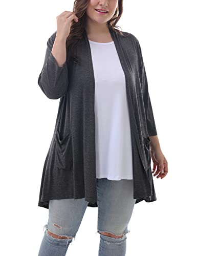 Zerdocean Women's Plus Size 3/4 Sleeve Lightweight Soft Printed Drape Cardigan With Pockets Dark Gray 3X #TOP2