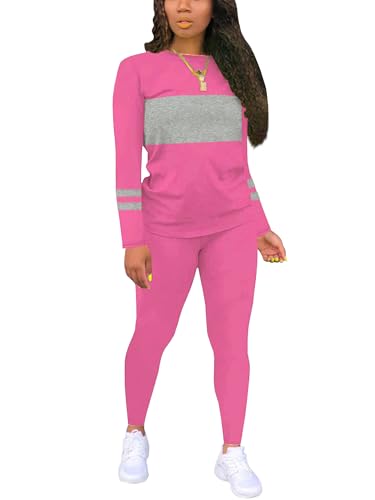 Hakubeby Two Piece Sets for Women Long Sleeve Striped Crewneck Slim Fit Active Sweatsuits Spring Fall 2025 Fashion Rose Red X-Large