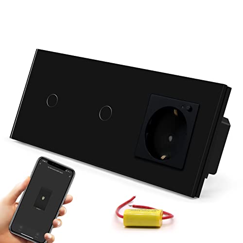 BSEED Schuko WLAN Steckdose mit Single Live Wifi Touch Schalter Wandsteckdose Unterputz Senkrecht aus Glas mit Doppelt Smart Alexa Lichtschalter(Kein Neutralleiter Erforderlich) 1 Fach 1 Weg Schwarz