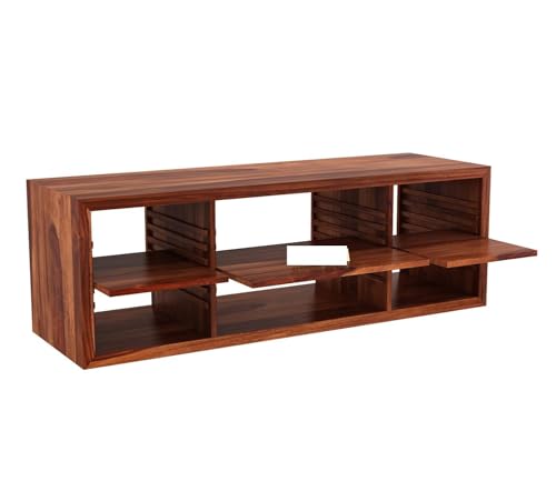 Image of Solid Sheesham Wood TV Unit with 6 Adjustable Shelves Storage - Elegant Wooden TV Unit for Living Room | Fits up to 60-inch TV - Solid Living Room Furniture (John, Honey Finish)
