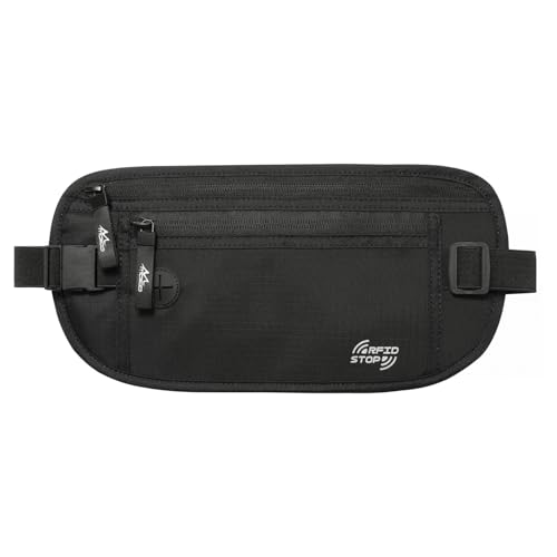 MoKo Bolsa de Cinturón de Dinero para Viaje, Riñonera Impermeable Ligera de Seguridad con Bolsillos y Bloqueo RFID para Pasaportes, Efectivo, Tarjetas, Dinero y Llaves, Ideal para Mujer Hombre - Negro