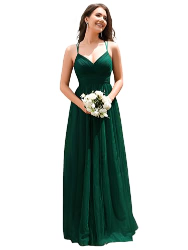 Ever-Pretty Women Maxi Bridesmaid Dress Tulle Long V Neck Spaghetti Straps Backless Dark Green 12
