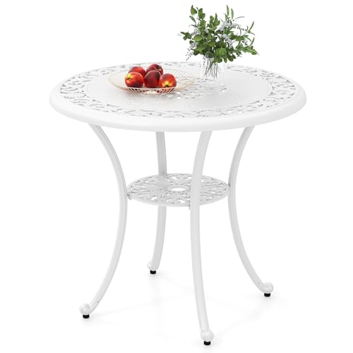 Tangkula 31.5” Cast Aluminum Patio Dining Table, Round Outdoor Bistro Table with 2” Umbrella Hole, Outdoor Side Table for Backyard, Lawn, Deck and Garden, White