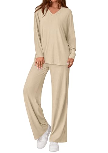 PRETTYGARDEN 2 Piece Lounge Sets for Women Fall Outfits 2025 Casual Loose Long Sleeve Tops Wide Leg Pants Matching Pajama Set