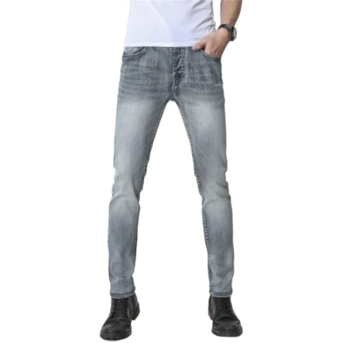 Men's High Elastic Slim Fit Small Feet Jeans Summer Lightweight Stretch Denim Trousers