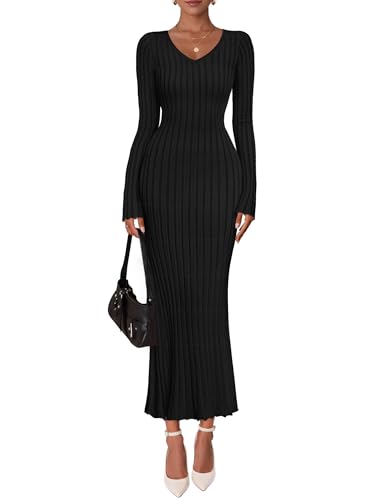 ZESICA Women's 2025 Fall Sweater Dress Long Sleeve V Neck Ribbed Knit Party Cocktail Bodycon Maxi Dresses