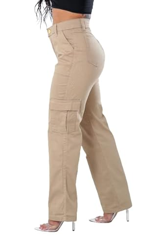 Calça Jeans Cargo Bege Feminina Wide Leg com Bolsos Lateral Moda Gringa Verão Premium (44)