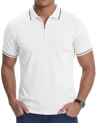 Image of Focixfor Men's Polo Shirts Short Sleeve Quarter Zip Summer Casual Golf Striped Cuff Top T-Shirt White 2XL