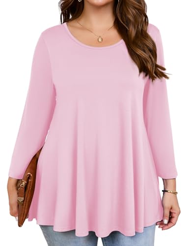 JollieLovin Womens 3/4 Sleeve Loose Fit Swing Tunic Tops Basic T Shirt(2X,Pink)
