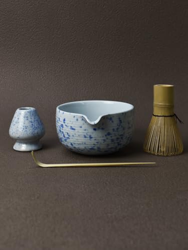 Artcome Matcha Tea Set – Ceramic Matcha Bowl with Pouring Spout, Bamboo Whisk, Whisk Holder, Tea Scoop & Matcha Manual – Complete Traditional Japanese Tea Ceremony Kit for Home, Office, or Gift, Blue