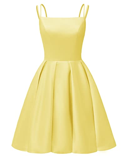 Image of Tianzhihe Satin Homecoming Dresses for Teens 2026 Spaghetti Straps A-line Square Neck Short Cocktail Party Dress with Pockets
