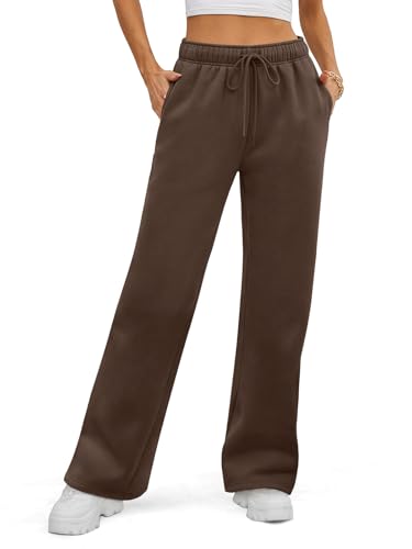 ATHMILE Womens Fleece Lined Sweatpants Baggy Wide Straight Leg Sweat Pants Y2K Girls Sweatpant School Outfits Brown