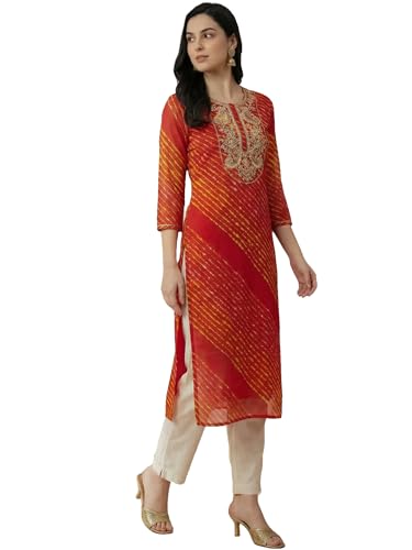 Image of INDO ERA Women's Georgette Leheriya Printed Straight Calf Length Kurtas (IEAI12232)