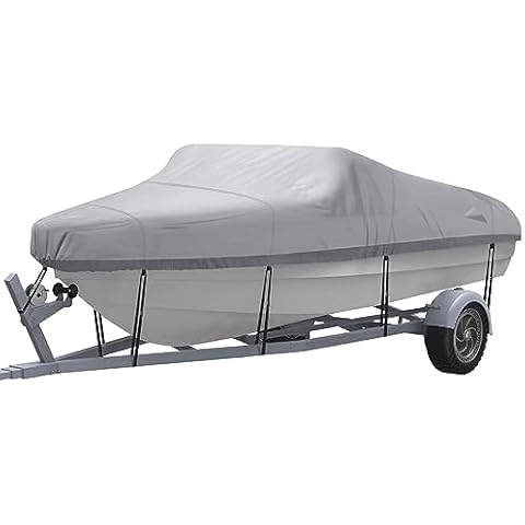 NEXCOVER Trailerable Boat Cover, Length: 20’-23’ Beam Width: up to 100”, Waterproof Heavy Duty Cover, Fits V-Hull, TRI-Hull, Runabout, Pro-Style, Bass Boat, Storage Bag & Tightening Straps Included. Cover
