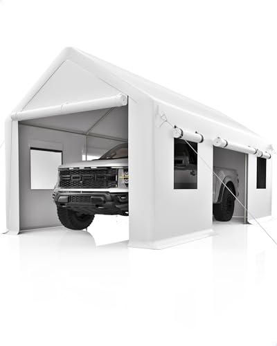 DEXSO Carport 13'x20' Portable Garage, Heavy Duty Carport Canopy, Reinforced Steel Poles, 4 Roll-up Doors & 4 Windows, for Pickup, Boat, and Equipment, White