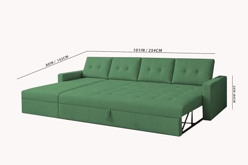Image of Emilio 6 Seater LHS L - Shape Pull-Out Sofa Cum Bed Sofa for Living Room (Green Fabric Color) Premium Fabric Sofa Set for Living Room Sofa Cum Bed