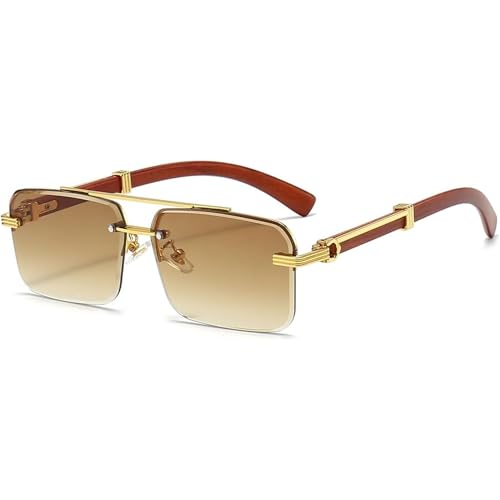 Óculos de Sol Retangular Sem Aro com Proteção UV400 – Armação Metálica Dourada, Lentes Antirreflexo, Estilo Luxo Moderno e Conforto Leve para Uso Diário
