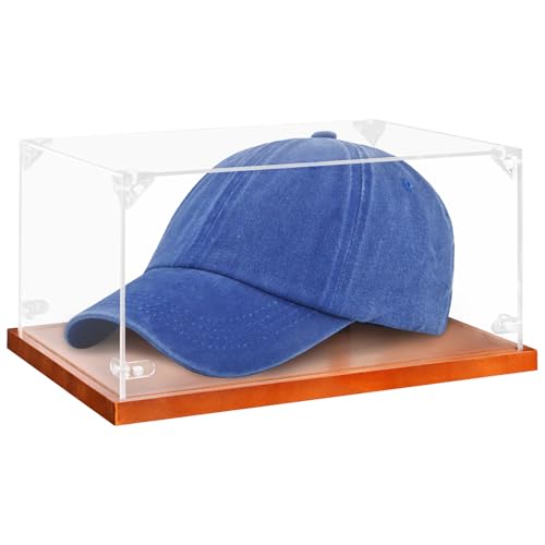 Clear Acrylic Hat Display Case with Wood Base & Tee Memorabilia Stand Cube Holder Dust Protection Transparent Storage Box for Single Hat Souvenir Hats Collections